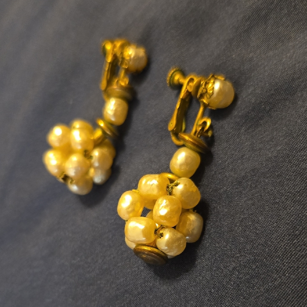 Miriam Haskell Signed, Gold Accents and Pearl Cluster Earrings, Screw Back